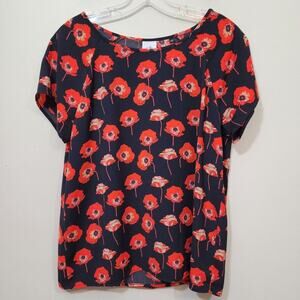Cabi black flanders red poppy‎ print with split back blouse woman's size small